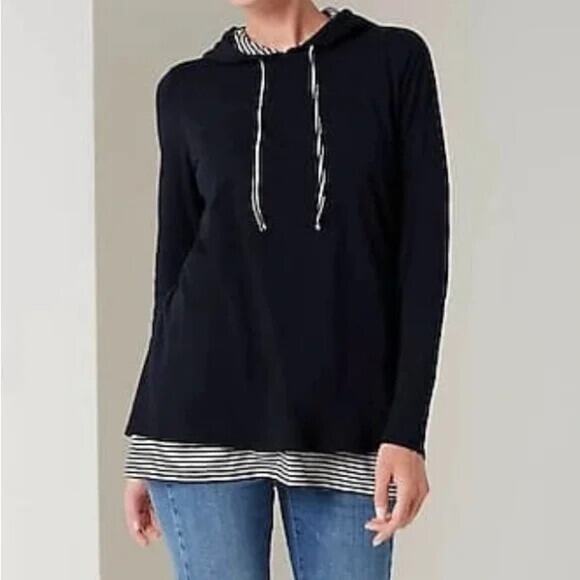 J. Jill Size XL Layered Stripe Hooded Top Navy Blue Cotton Modal - Picture 1 of 9